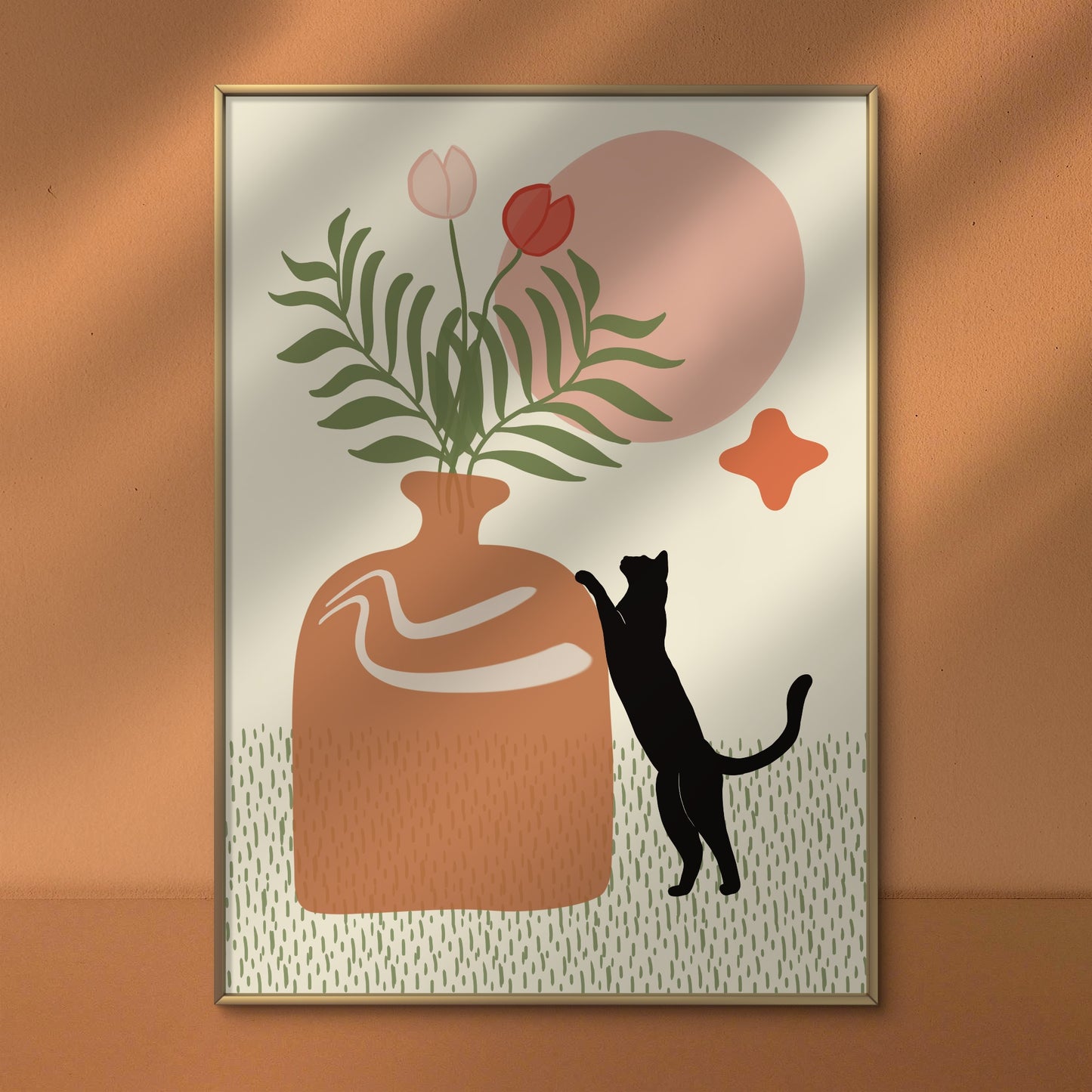 'Cat Sniffing Flowers' Print