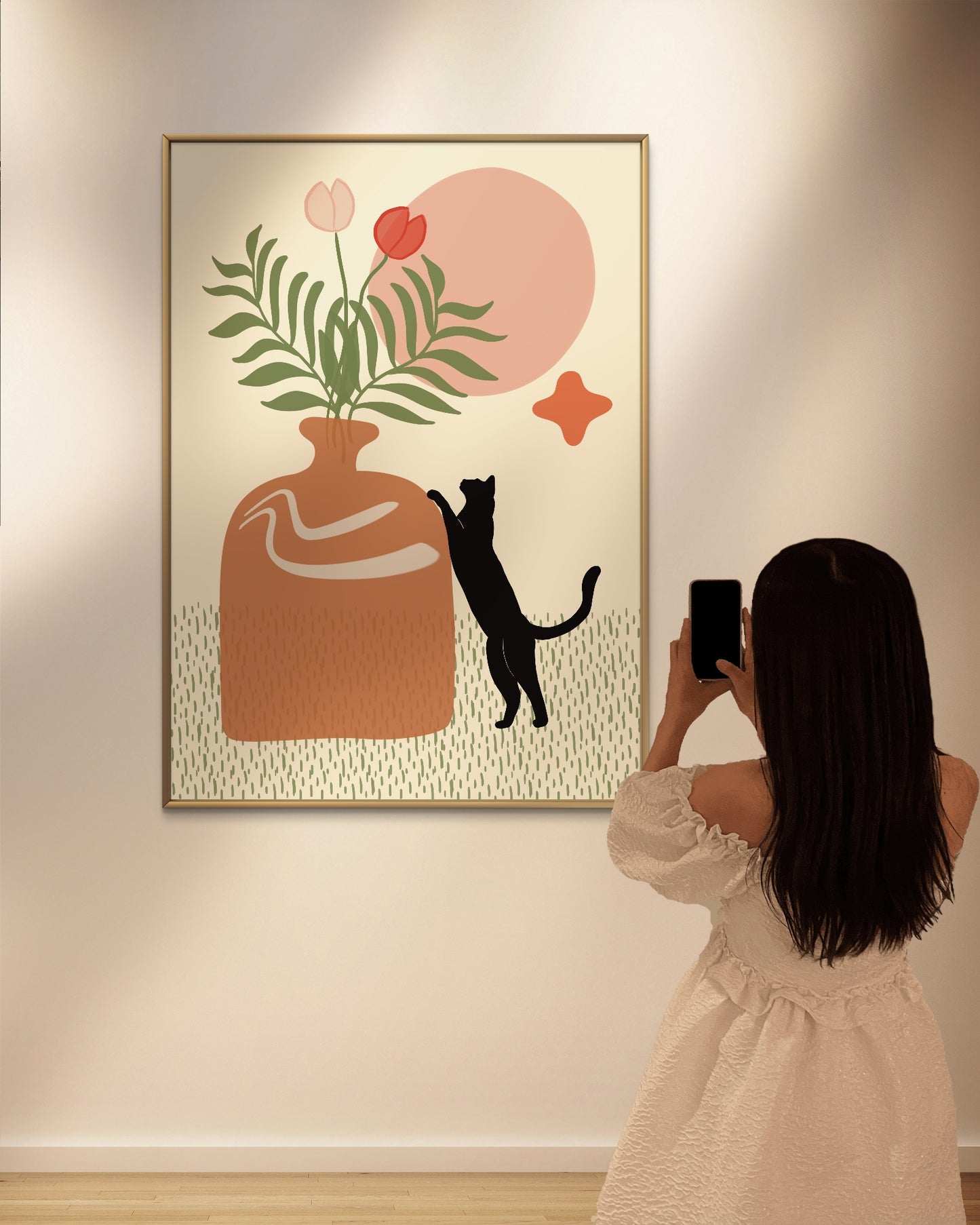 'Cat Sniffing Flowers' Print