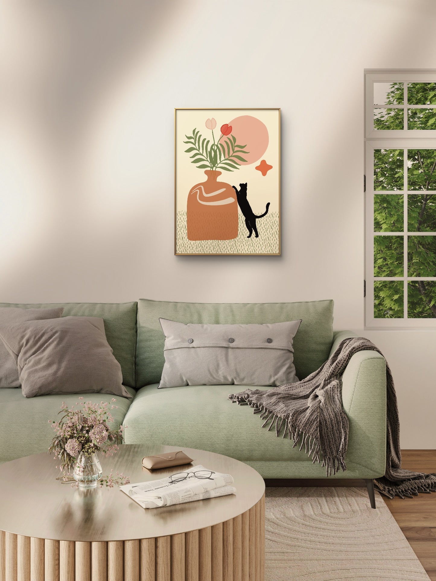 'Cat Sniffing Flowers' Print