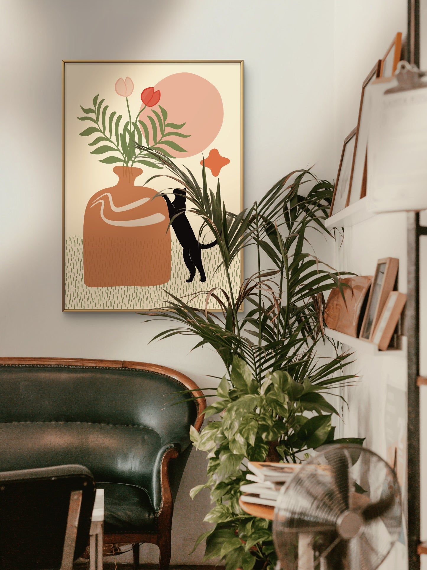 'Cat Sniffing Flowers' Print