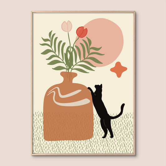 'Cat Sniffing Flowers' Print